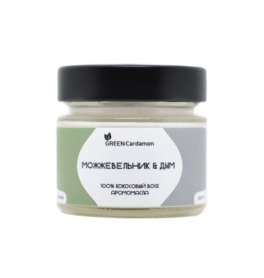 Ароматическая свеча из кокосового воска с деревянным фитилем, Можжевельник и дым, GreenCardamon,100 мл