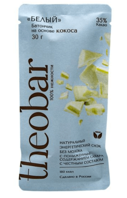 Шоколадный батончик на основе кокоса, Белый, Theobar, 30 гр